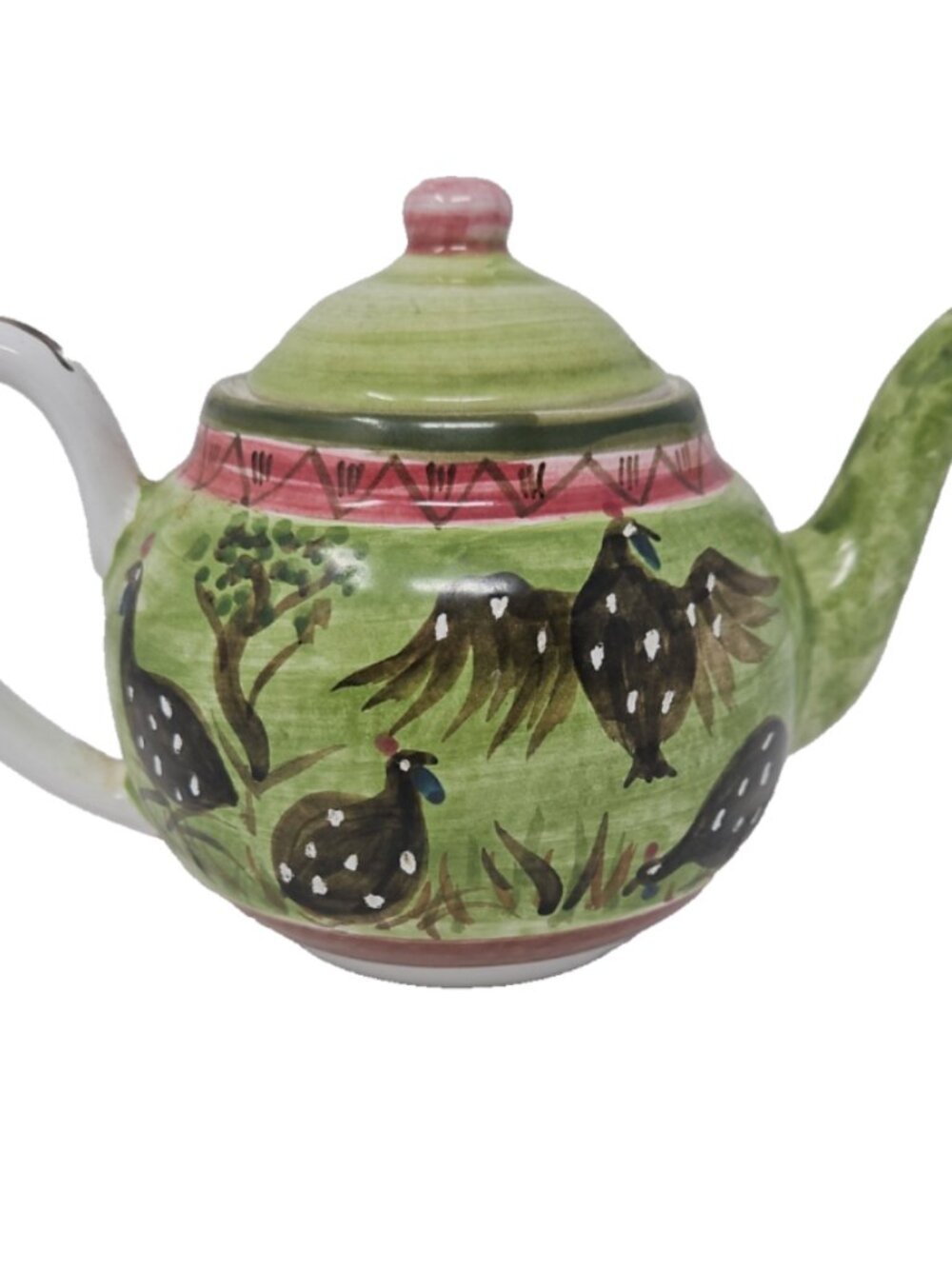 Fine Vintage 1990s Hand Painted Majolica Teapot Guinea Fowl Birds Made In Africa